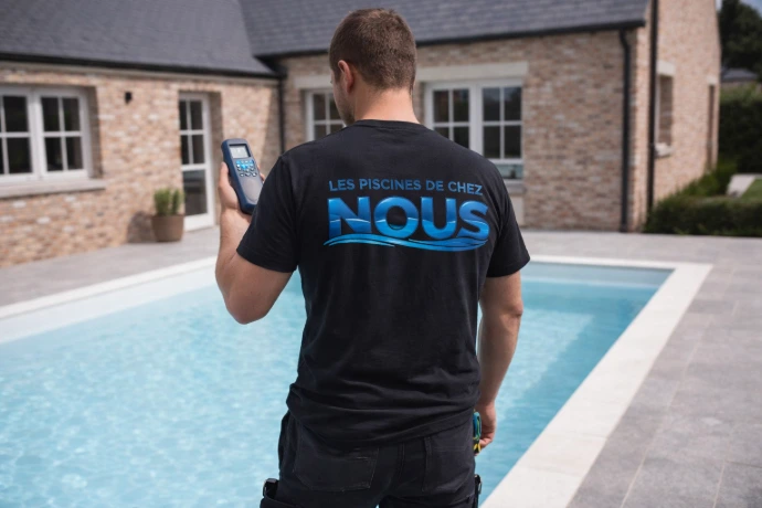 Service d’entretien de piscine en Belgique par Les Piscines de Chez Nous : nettoyage du bassin, vérification du système de filtration et traitement de l’eau.